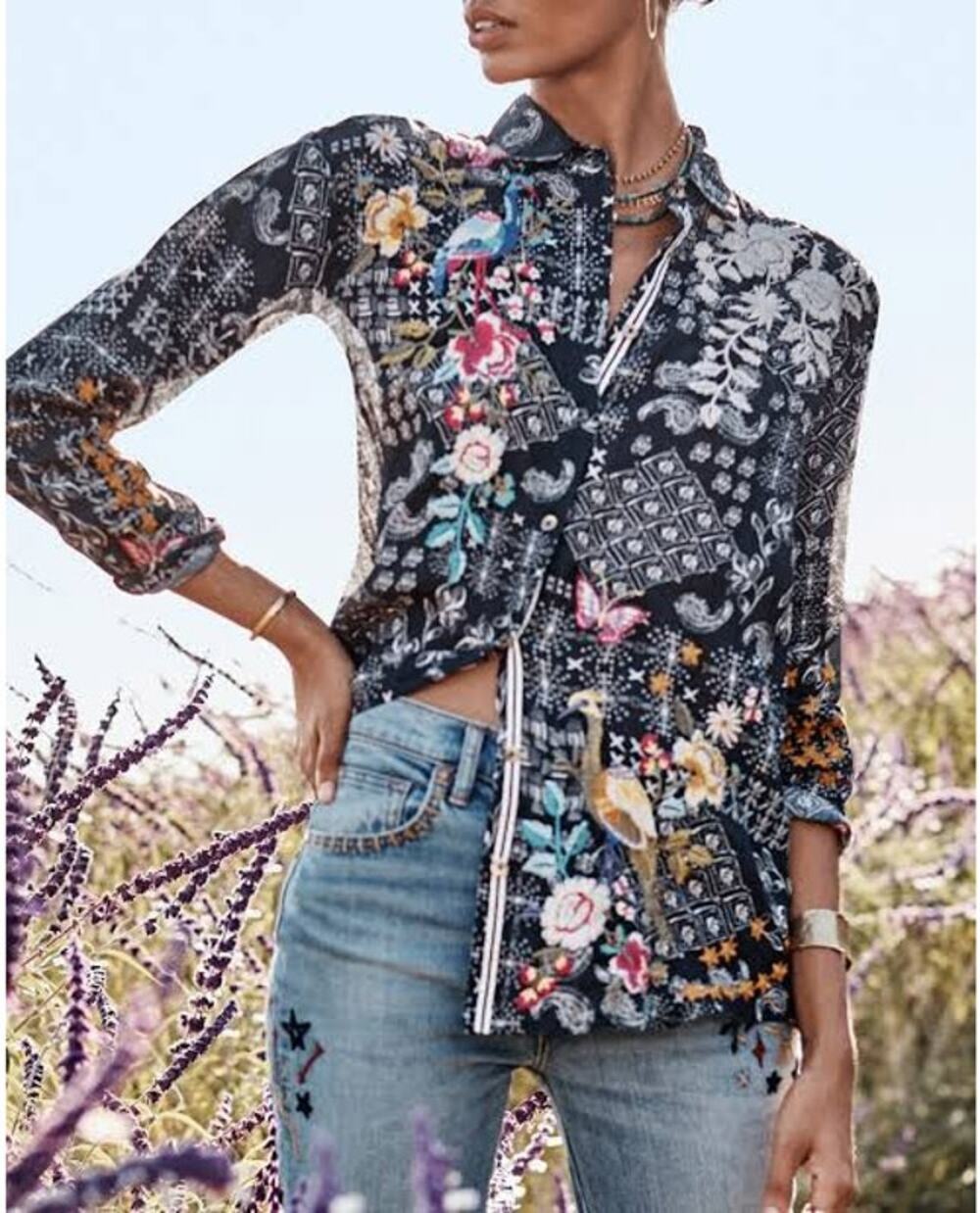 Johnny Was Workshop Senia Oversized Embroidered Button Up Shirt Extra Small XS